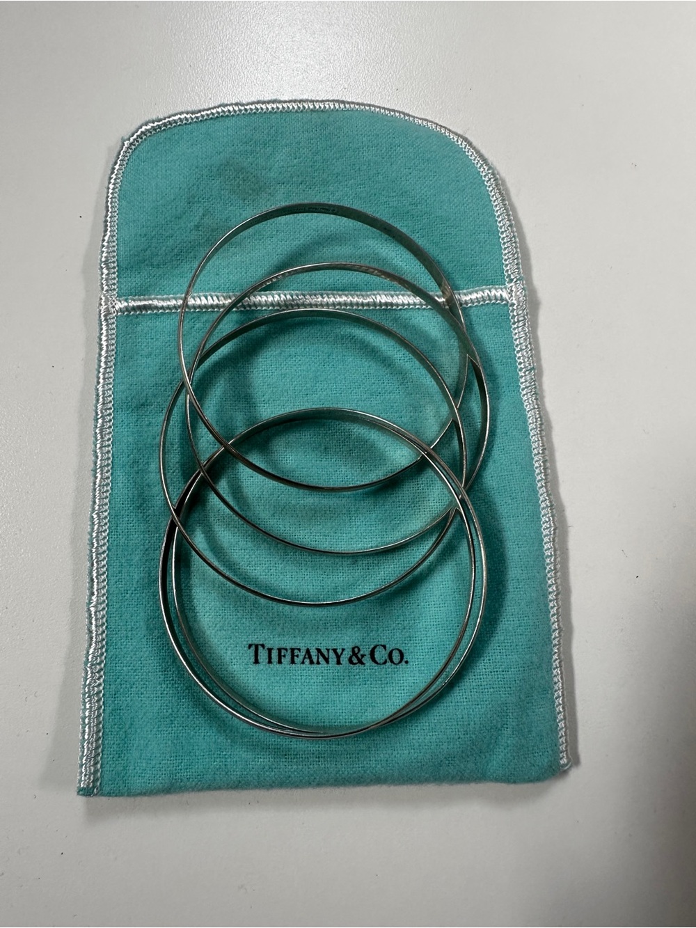 Tiffany & Co. Sterling Silver Thin Bangle Bracelet Set with Tiffany Blue Pouch